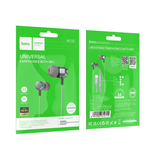 Casti cu Fir Hoco (M122), In Ear, USB-C, 1.2m, Mic & Volume Key, HiFi, Gray