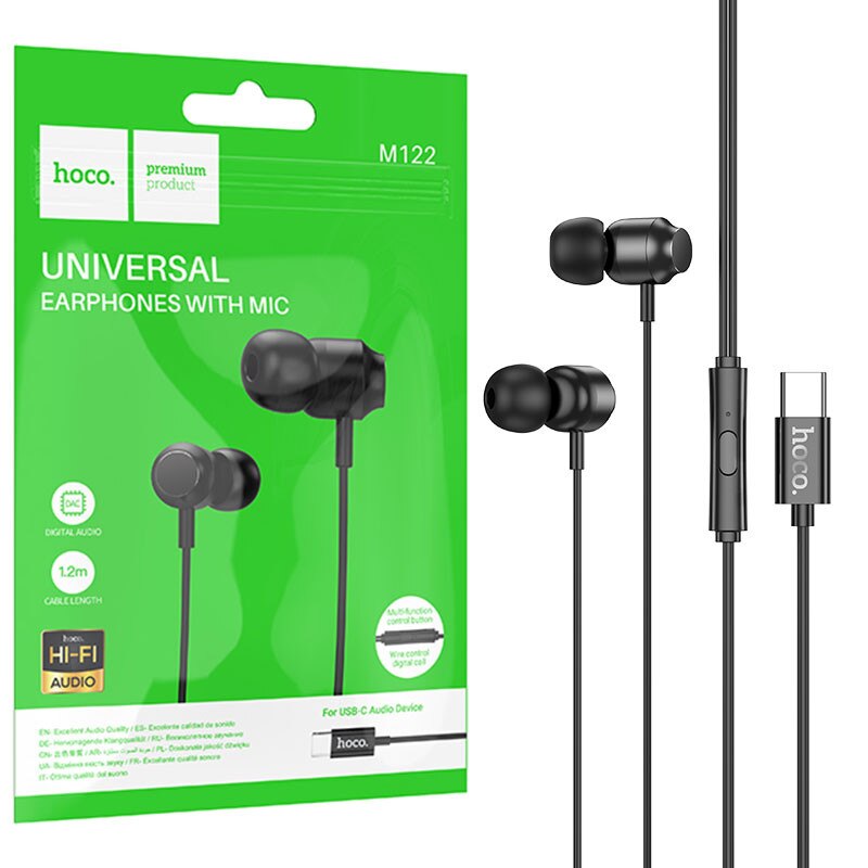 Casti cu Fir Hoco (M122), In Ear, USB-C, 1.2m, Mic & Volume Key, HiFi, Black