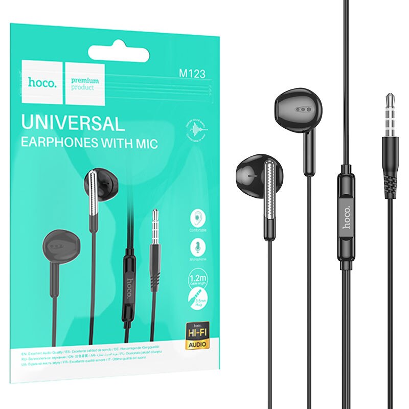 Casti cu Fir Hoco (M123), In Ear, 3.5mm, 1.2m, Mic & Volume Key, HiFi, Black