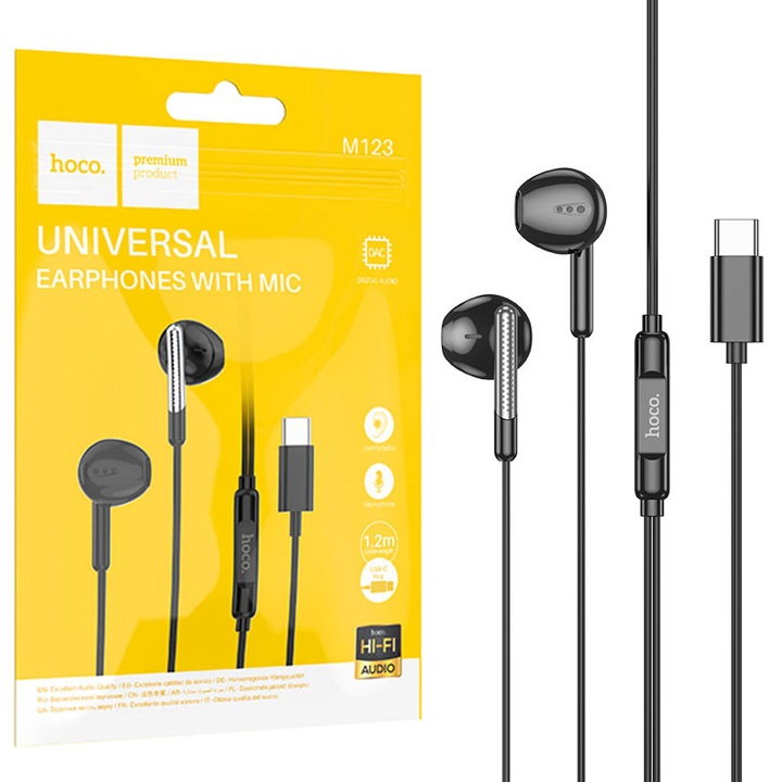 Casti cu Fir Hoco (M123), In Ear, USB-C, 1.2m, Mic & Volume Key, HiFi, Black