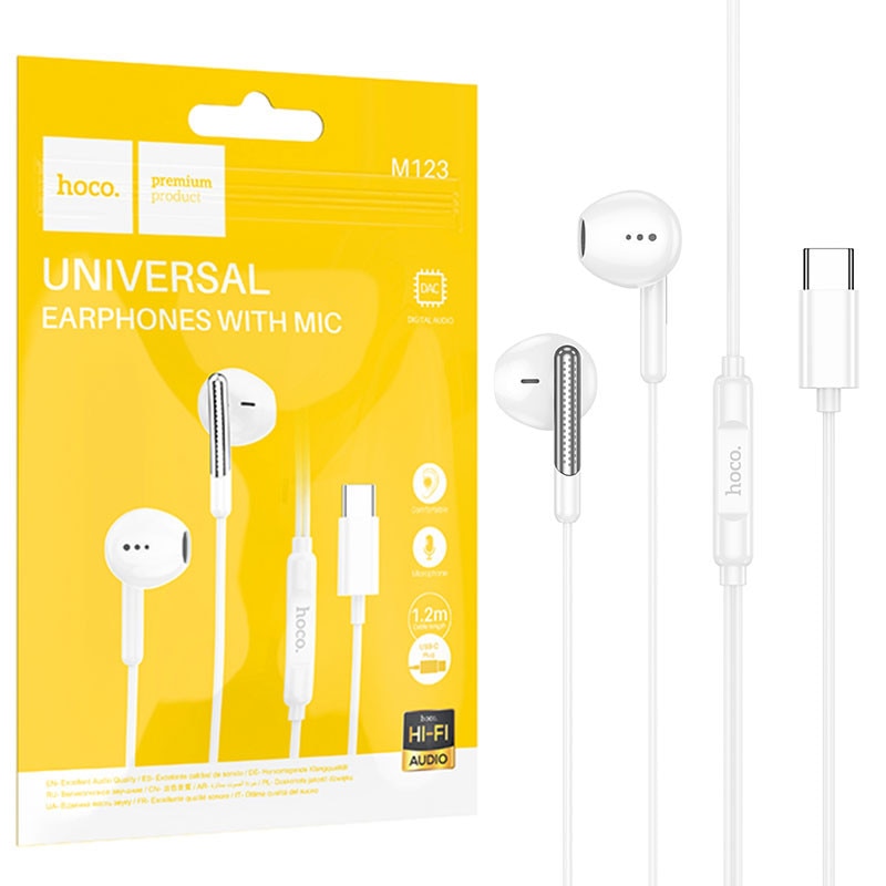 Casti cu Fir Hoco (M123), In Ear, USB-C, 1.2m, Mic & Volume Key, HiFi, White