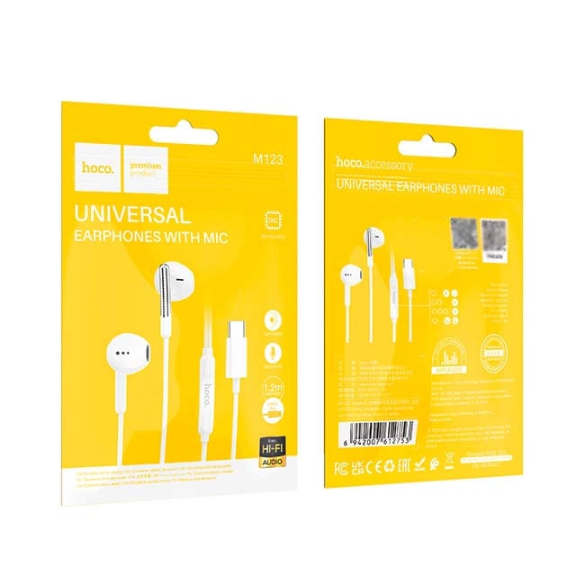 Casti cu Fir Hoco (M123), In Ear, USB-C, 1.2m, Mic & Volume Key, HiFi, White