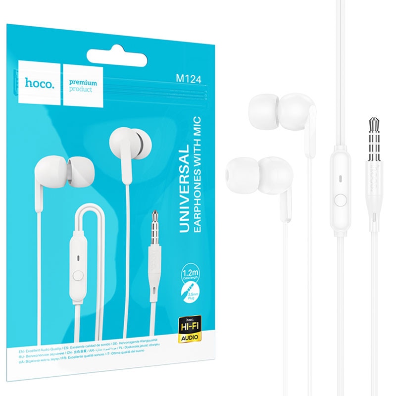 Casti cu Fir Hoco (M124), In Ear, 3.5mm, 1.2m, Mic & Volume Key, HiFi, White