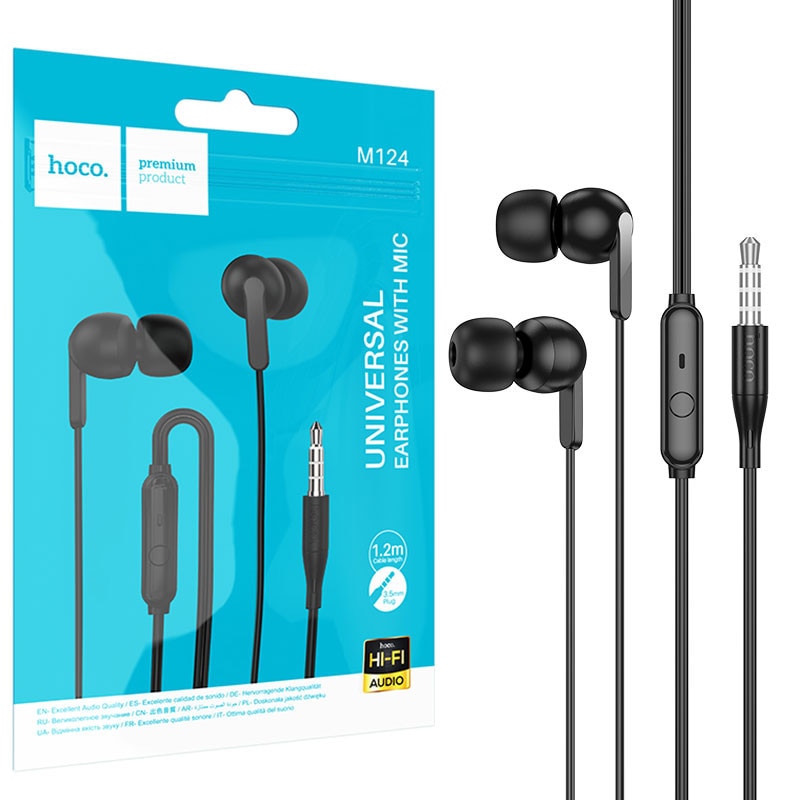 Casti cu Fir Hoco (M124), In Ear, 3.5mm, 1.2m, Mic & Volume Key, HiFi, Black