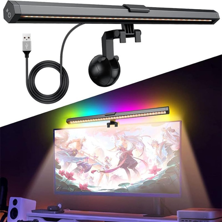 Veioza LED RGB CAKMGER, 15 moduri de iluminare, USB, 5W, 40cm, neagra