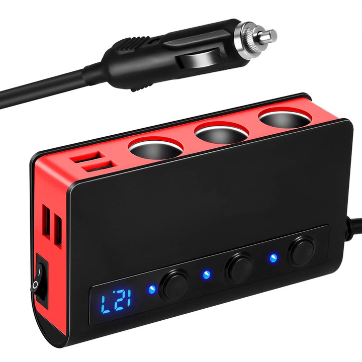Autós adapter 180W, TNEAYWHE, gyorstöltés, 12V/24V, 4 USB port, fekete-piros
