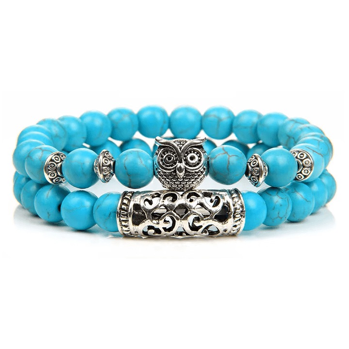 Set 2 bratari din pietre energetice, pandantiv bufnita - Turcoaz