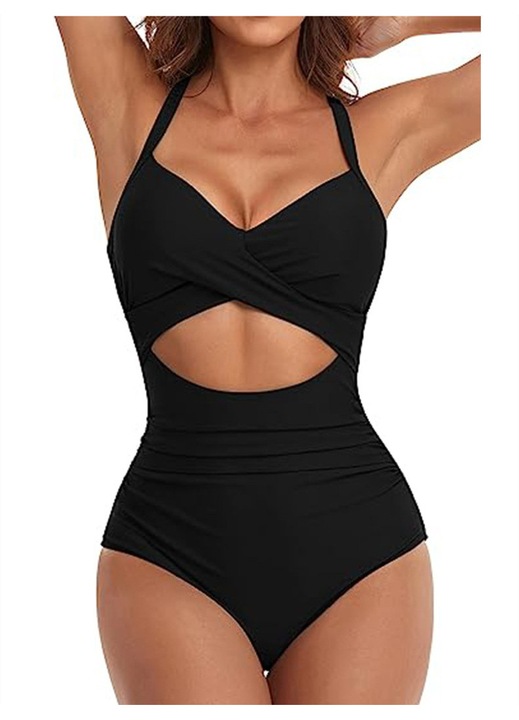 Costum de baie intreg dama, model elegant, decolteu in V, efect modelator, Negru