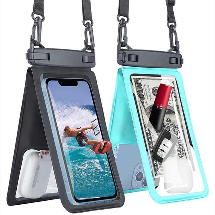 Set 2 Husa subacvatica telefon, PVC, IPX8, Universala, impermeabila, cu buzunar dublu, Cu Snur, 7 Inch, Multicolor