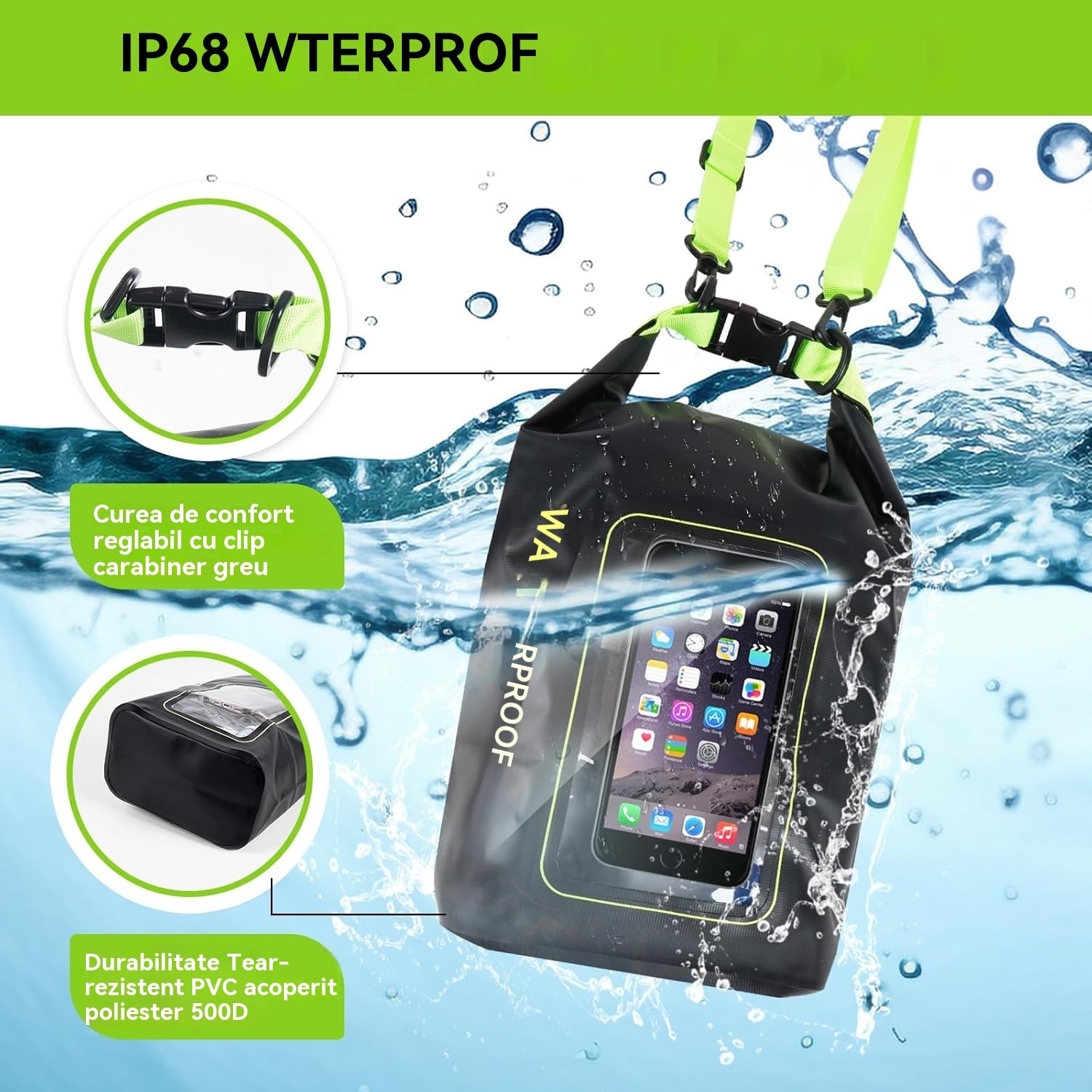 Husa telefon impermeabila, Roll top rucsac impermeabil, PVC, Functie atingere ecran, 2L, Negru, Multicolor