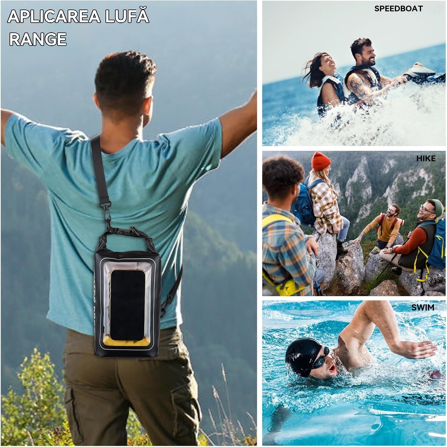 Husa telefon impermeabila, Roll top rucsac impermeabil, PVC, Functie atingere ecran, 2L, Negru, Multicolor