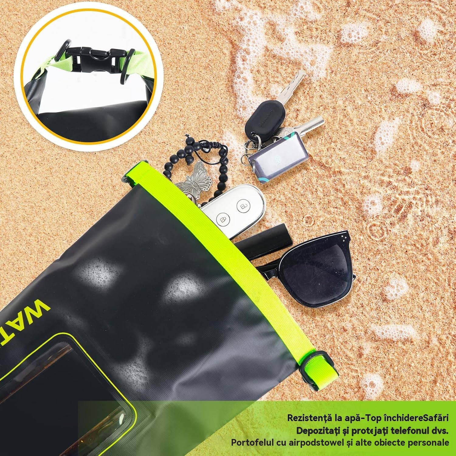 Husa telefon impermeabila, Roll top rucsac impermeabil, PVC, Functie atingere ecran, 2L, Negru, Multicolor