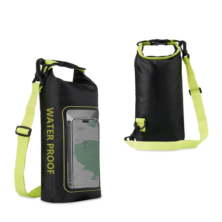 Husa telefon impermeabila, Roll top rucsac impermeabil, PVC, Functie atingere ecran, 2L, Negru, Multicolor