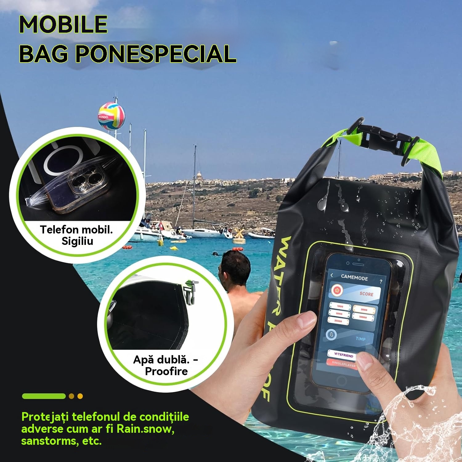 Husa telefon impermeabila, Roll top rucsac impermeabil, PVC, Functie atingere ecran, 2L, Negru, Multicolor