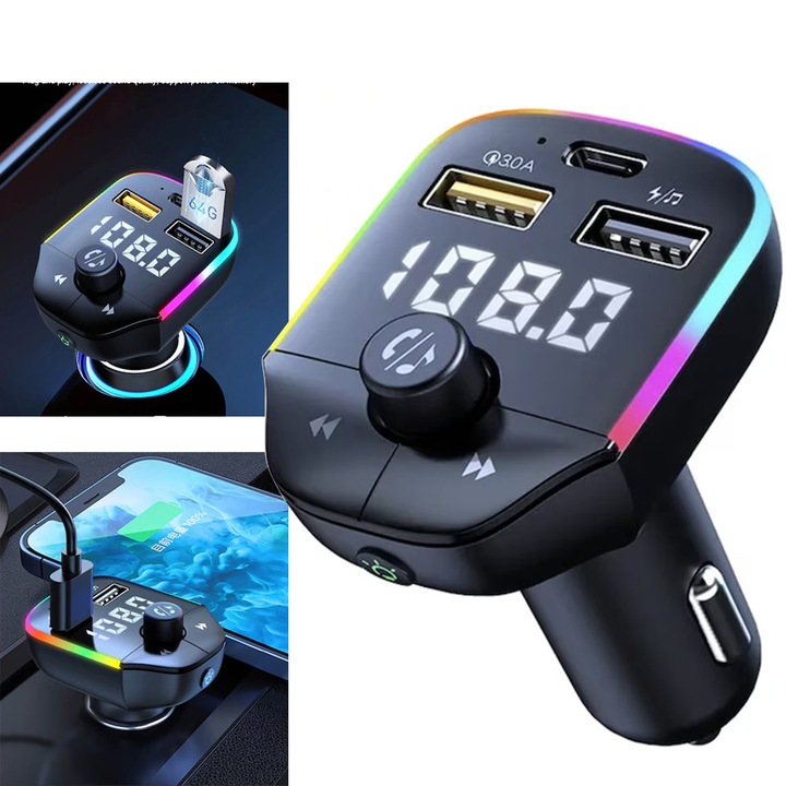 FM трансмитер с Bluetooth 5.0, с функция за зареждане в кола, бързо зареждане чрез USB Type-C / USB 3.1A, MP3 плейър, LED дисплей, амбиентна светлина, черен цвят