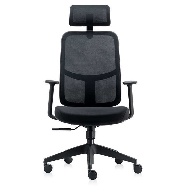 Scaun ergonomic de birou TRAFFIC CHAIRS NICE, spatar mesh Negru, sezut tapitat spuma injectata, tetiera mesh, mecanism multiblock