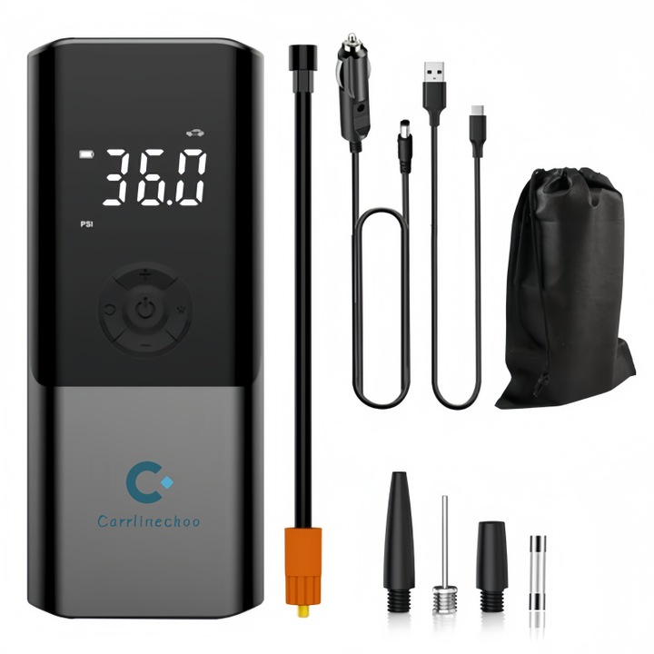 carrlinechoo® intelligens elektromos pumpa, többfunkciós, autó-, motor- és kerékpárabroncsokhoz, matracokhoz és labdákhoz, 6000 mAh akkumulátor, fekete
