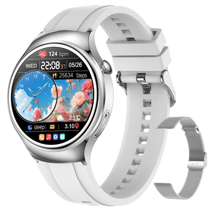 LUMAUDiO® Sanita női okosóra, vérnyomásmérő, vércukorszint, koleszterin, trigliceridek, pulzusszám, Bluetooth hívások, 2 szíj, mesterséges intelligencia diagnosztika, EKG-figyelés, vér oxigén, közösségi média értesítések, vízálló, ezüst/szürke