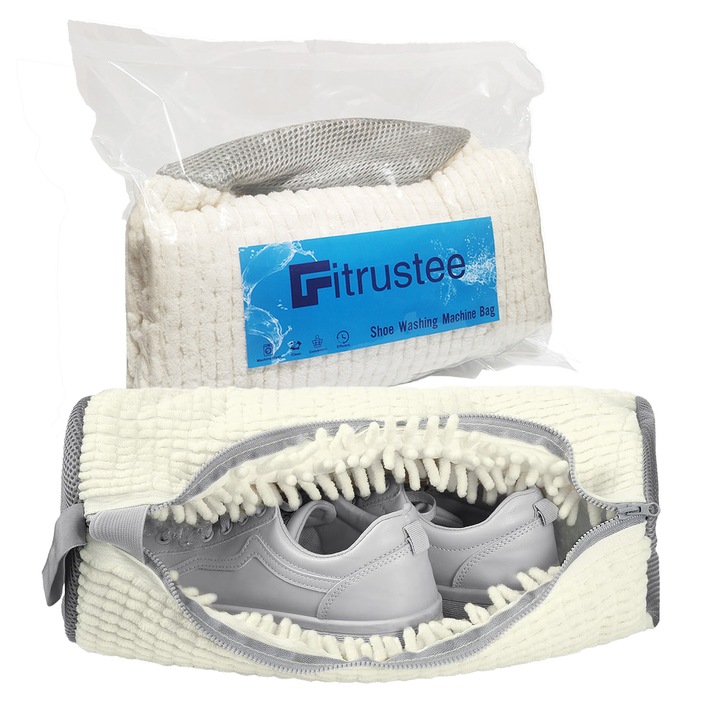 Geanta pentru Spalat Pantofi in Masina de Spalat Reutilizabila, 360° Curatare Profunda & Fibra Pufoasa & Anti-Transfer Culori - Neted cu Autoblocant Fermoar, Reducere Zgomot, 39x19 cm, Bej (1 Buc)