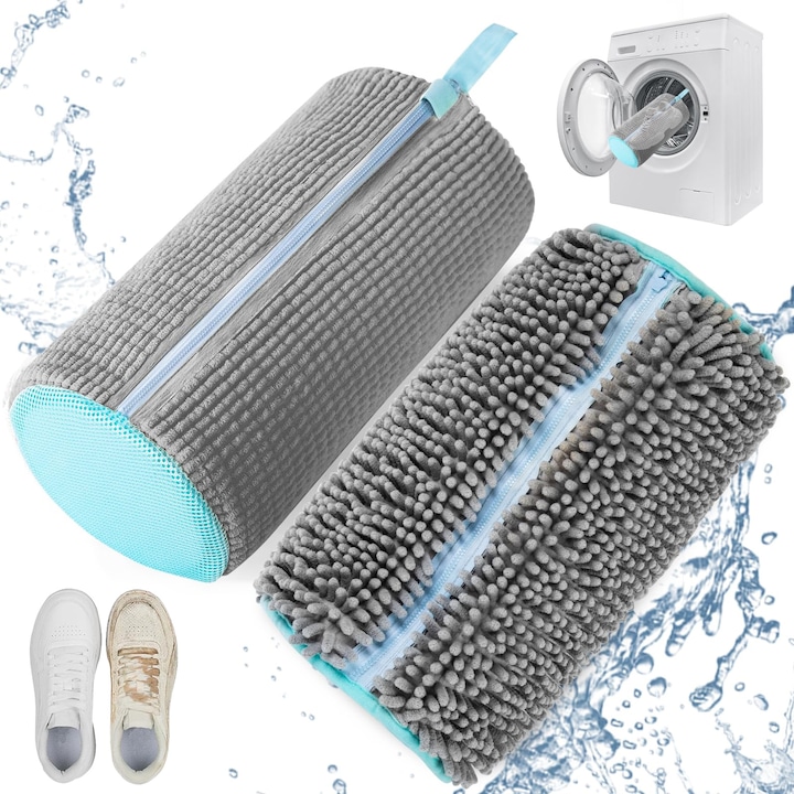 Újrafelhasználható cipőmosógép táska 360°-os mélytisztító és nem fakadó, bolyhos szál - sima cipzár, biztonságos önzáró cipzár, szakadásálló anyag, zajcsökkentő, 39x19 cm szürke (1 db)