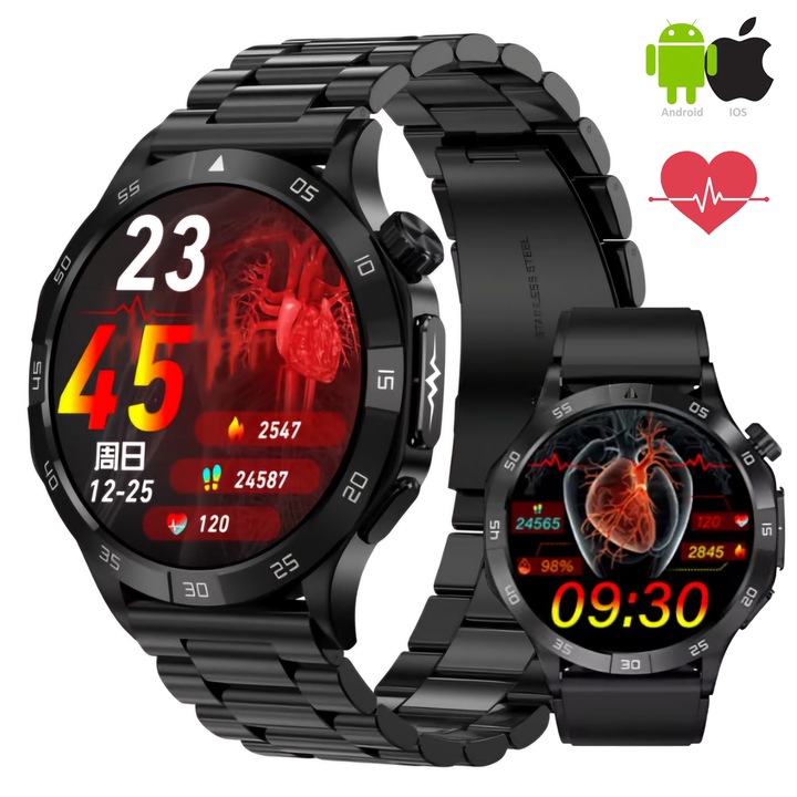 SmartWatch ZENARK® MED 9 PRO, AMOLED Ultra 4K екран, Мониторинг на глюкоза, ЕКГ, Сърдечен ритъм, Сън, Кислород в кръвта, Телесна температура, Кръвно налягане, Дишане, Пикочна киселина, Мазнини в кръвта, WhatsApp Известия, Поща, Facebook, Черен сапфир
