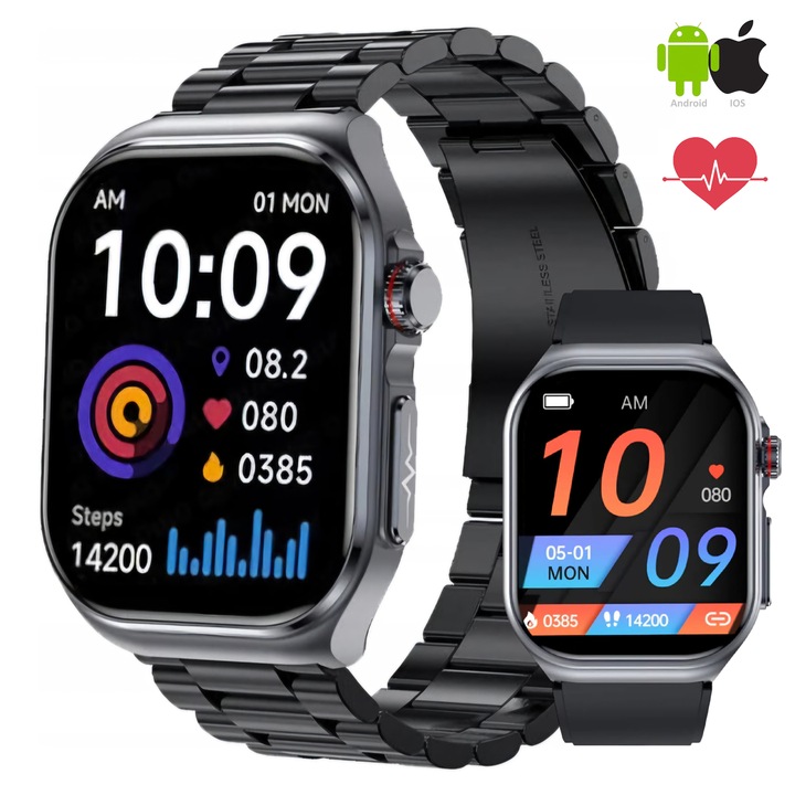 ZENARK® MED 11 PRO SmartWatch, AMOLED 4K képernyő, vércukorszint monitorozás, EKG, pulzusszám, alvás, véroxigén, testhőmérséklet, vérnyomás, légzés, húgysav, vérzsír, WhatsApp értesítések, e-mail, +130 sport, fekete/Graphite