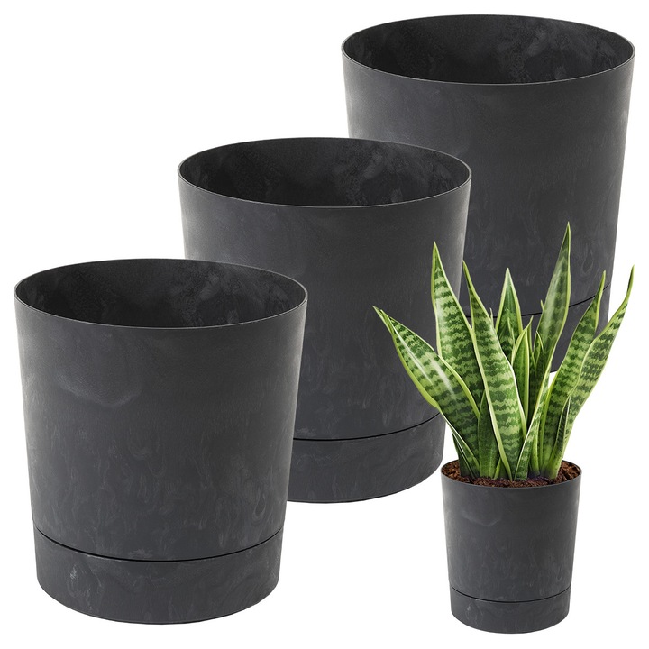 Set de 3x Ghiveci de flori rotund Lamela Aura, 32.5cm, Beton Negru
