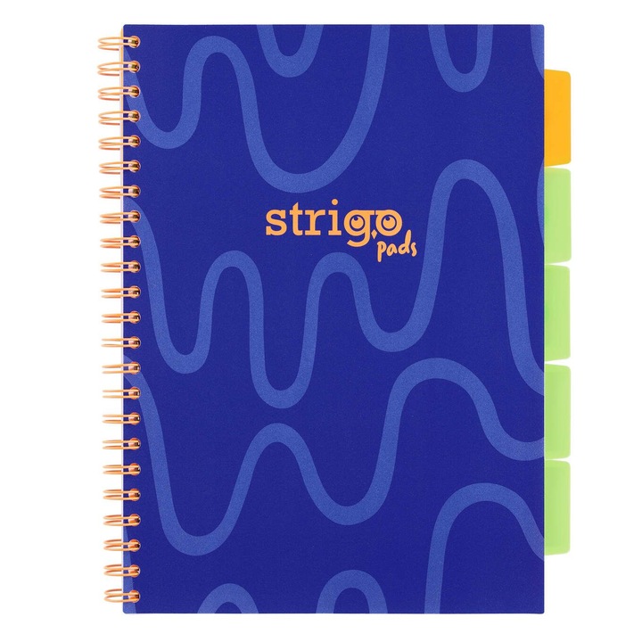 Caiet cu spirala si separatoare, STRIGO PADS Project Book Neon A4, dictando, 200 pag., hartie 80gr FSC, coperti cartonate, albastru neon