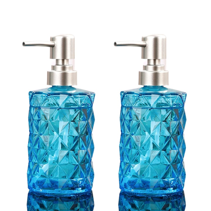 Dispenser de sapun 330ml, Enforose, design diamant, sticla fara plumb, pompa din otel inoxidabil, reutilizabil, albastru