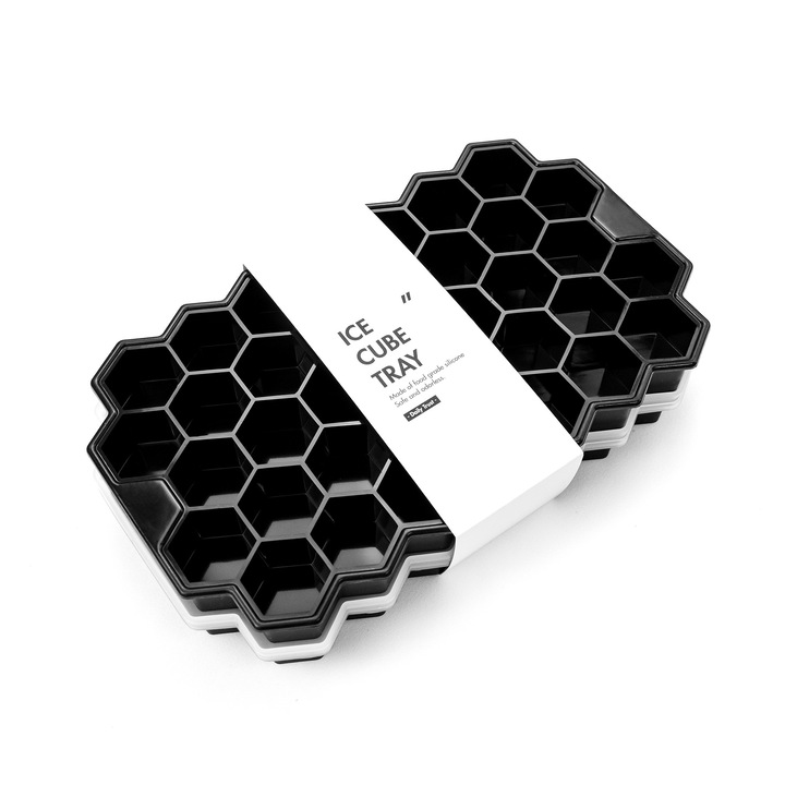 Set 2 Forme cuburi de gheata, Cu capac, Silicon alimentar, 2.3cm 37-cuburi, Negru