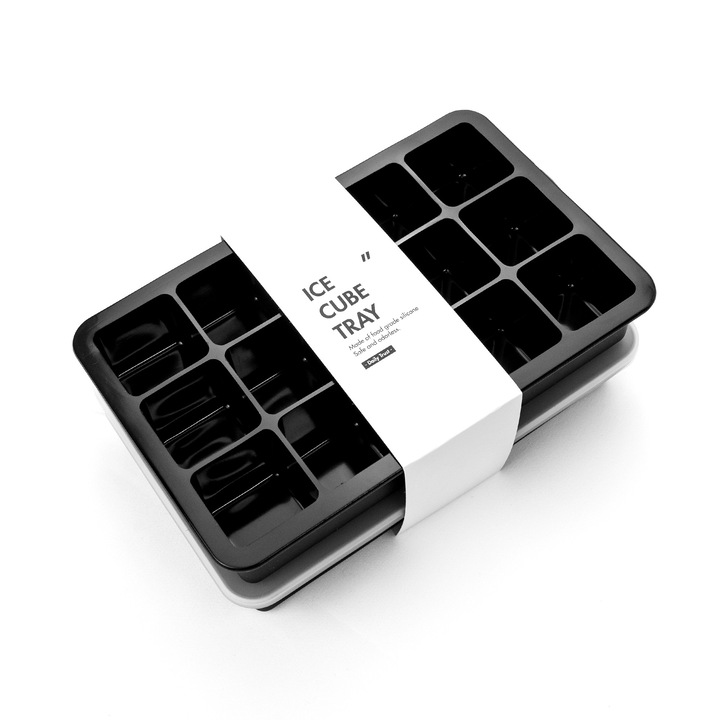 Set 2 Forme cuburi de gheata, Cu capac, Silicon alimentar, 3.5x3.5cm 15-cuburi, Negru