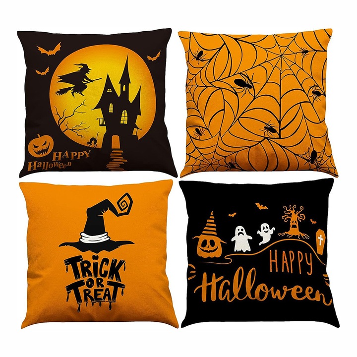Huse decorative de perne Halloween, Enforose, set de 4, design unic, material in, 45x45cm