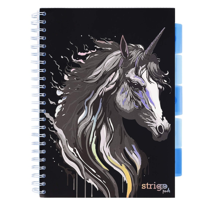 Caiet cu spirala si separatoare, STRIGO PADS Project Book UNICORN, A4, matematica, 200 pag., hartie 80gr FSC, coperti cartonate, negru