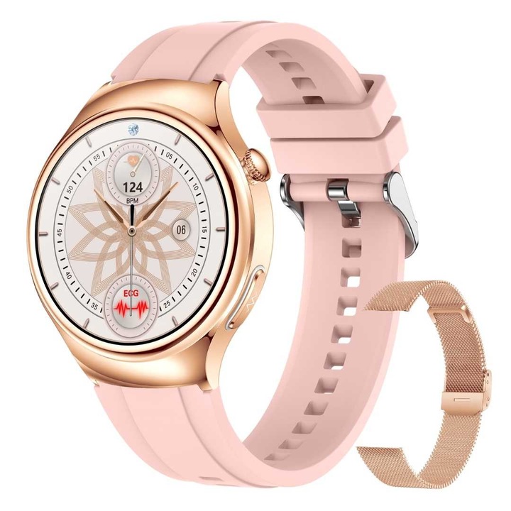 Дамски смарт часовник LUMAUDiO® Sanita, Следене на кръвно налягане, Кръвна захар, Холестерол, Триглицериди, Сърдечен ритъм, Bluetooth разговори, 2 каишки, AI диагностика, ЕКГ Мониторинг, Кислород в кръвта, Социални медии, Водоустойчив, Златист/розов