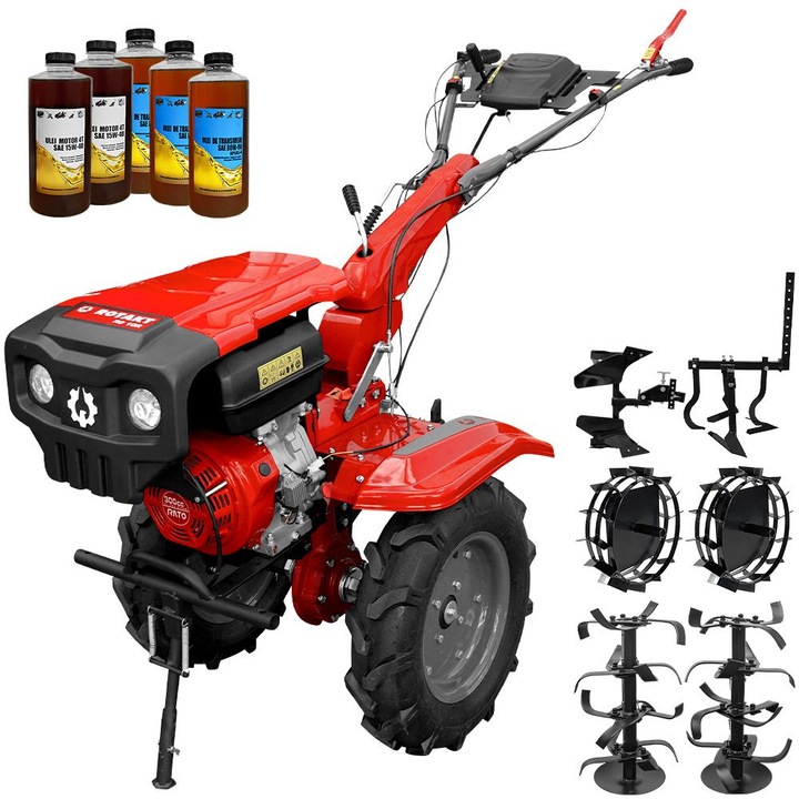 Motocultor Rotakt Atlas RO10R-2P, motor 10CP, benzina, 2+1 viteze, latime lucru 56-110 cm, freze, roti cauciuc 5.00-12", 2 prize de putere, roti metal, cultivator, plug reversibil, 5l ulei