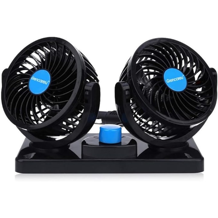 Вентилатор за кола, 12-волтов двоен вентилатор, въртящ се на 360 градуса подглавник за задна седалка с двойна глава, 2 скорости, вентилатор за въздух за задна седалка на седан, SUV, RV, ръчно въртене с щепсел за запалка