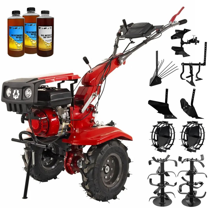 Motocultor Rotakt Ciclop RO120RV, motor 8.5CP, benzina, 2+1 viteze, latime lucru 56-105 cm, freze, roti cauciuc 5.00-8", capota far LED, roti metal, plug arat, rarita reglabila, plug cartofi, cultivator, plug reversibil, 3l ulei