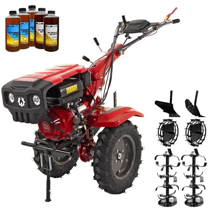 Motocultor Rotakt Goliath RO17RE-2P, motor 17CP, 2+1 viteze, latime lucru 56-135 cm, freze, roti cauciuc 5.00-12", pornire electrica, 2 prize de putere, roti metal, plug arat, rarita reglabila, 5l ulei