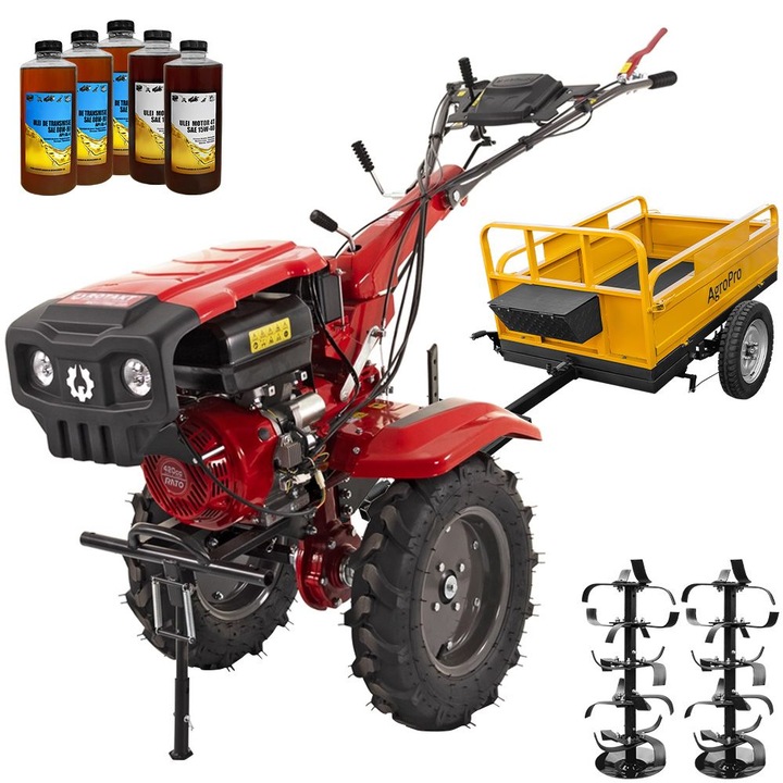 Motocultor Rotakt Goliath RO17RE-2P, motor 17CP, 2+1 viteze, latime lucru 56-135 cm, freze, roti cauciuc 5.00-12", pornire electrica, 2 prize de putere, remorca, 5l ulei