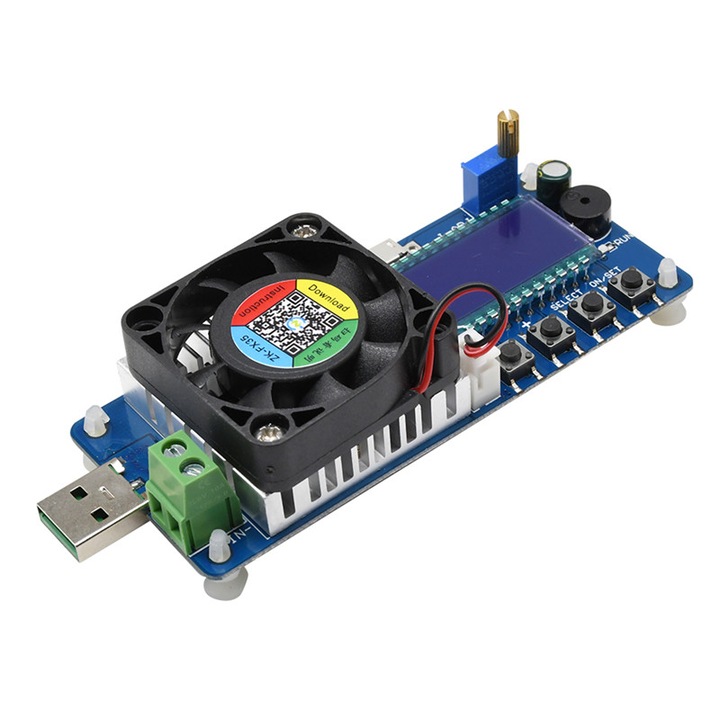 Tester capacitate acumulator 1.5V-25V, XY-FX35, 5A, 35W cu rezistenta reglabila si afisaj LCD pentru masurare tensiune/curent/putere