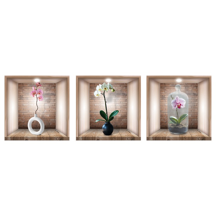 Set 3 buc Autocolant PVC decorativ de perete, Orhidee Lemn, efect 3D, 30x30 cm