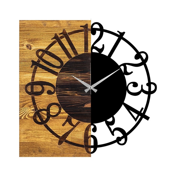 Ceas perete Wooden Clock 1, lemn/metal, 58x58x3 cm, nuc/negru