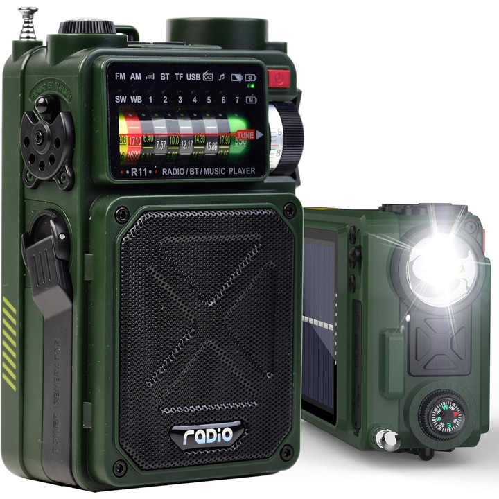 Radio portabil CAKMGER, Bluetooth, flashlight, incarcare solara, verde inchis