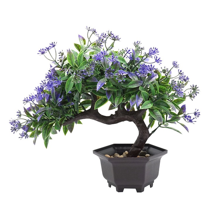 Planta artificiala in ghiveci, bonsai, mov, 15x15cm