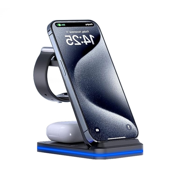 Gronfont 3 az 1-ben töltőállomás, gyorstöltés, fekete, iPhone-hoz