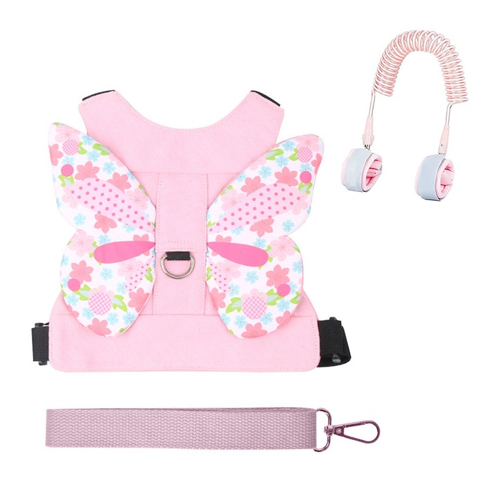 Rucsac copii cu ham si bratara spiralat, roz, 20.5x18cm, 150cm