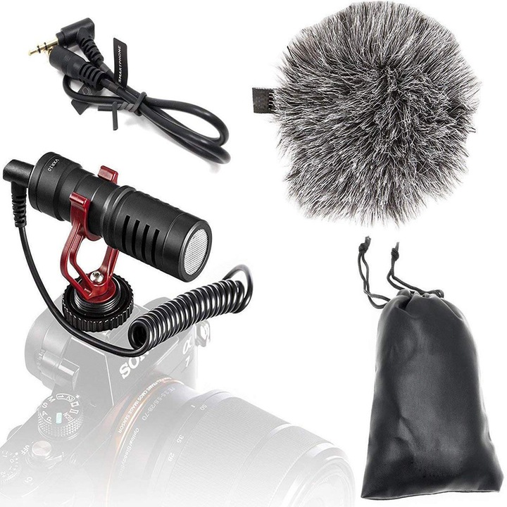 Univerzális kardioid poláris mikrofon, fekete, kompatibilis iPhone, Android telefonokkal/Canon EOS, Nikon DSLR kamerákkal