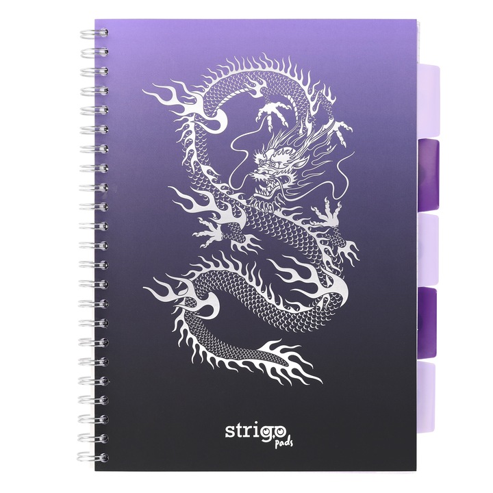 Тетрадка на спирала с разделители, STRIGO PADS Project Book DRAGON, A4, математика, 200 стр., 80гр FSC хартия, твърди корици, лилаво