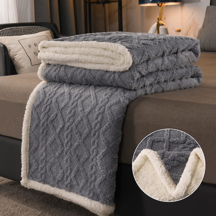 Patura pufoasa gri alb 100x150cm fleece moale calda