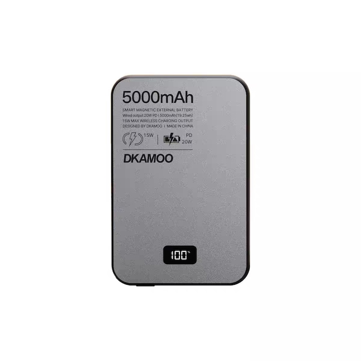 Ултратънка магнитна външна батерия 5000mAh, бързо зареждане 15W, сива, 10x6.5x0.8см